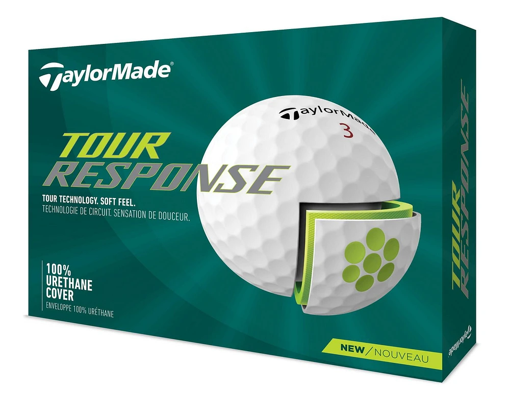 TAYLORMADE TOUR RESPONSE GOLF BALLS, TOUR QUALITY DNA. SOFT FEEL. LESS MONEY.