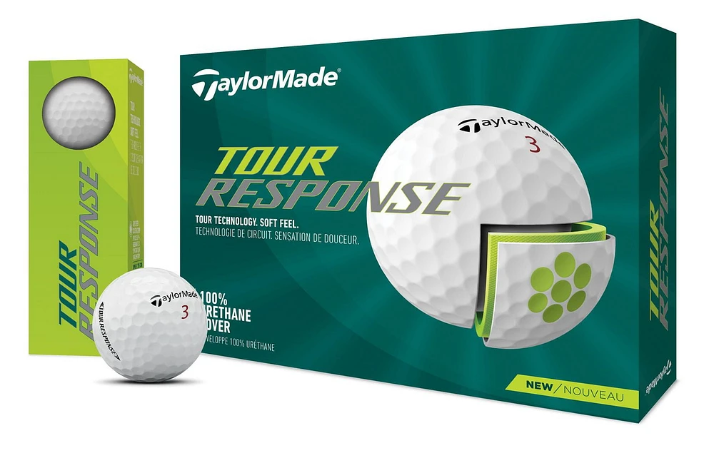 TAYLORMADE TOUR RESPONSE GOLF BALLS, TOUR QUALITY DNA. SOFT FEEL. LESS MONEY.