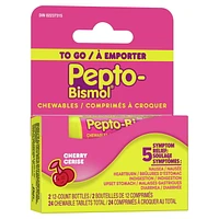 Pepto To Go Chewable Tablets for Nausea, Heartburn, Indigestion, Upset Stomach, and Diarrhea Relief, Cherry Flavor, 24 Chewable Tablets