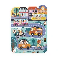 Janod - Puzzle en ville - 6 pièces à encastrer - Bois - Éveil - Compétences motrices fines - Pour tout-petits - À partir de 18 mois + - Multilingue