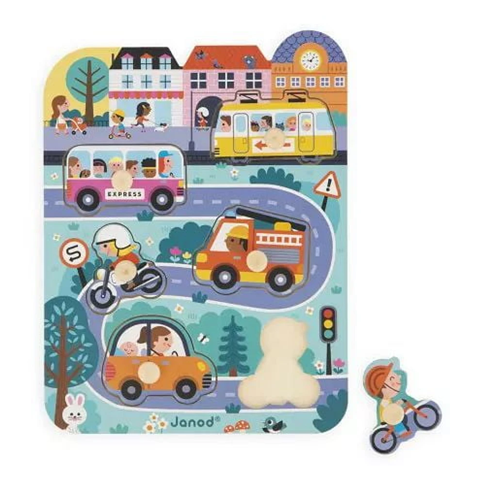 Janod - Puzzle en ville - 6 pièces à encastrer - Bois - Éveil - Compétences motrices fines - Pour tout-petits - À partir de 18 mois + - Multilingue