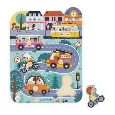 Janod - in Town Puzzle - 6 Pegged Pieces - Wood - Early-Learning - Fine Motor Skills - for Toddlers - from 18 Months + - Multilingual
