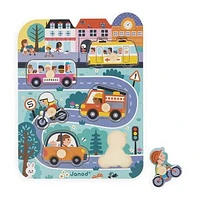 Janod - Puzzle en ville - 6 pièces à encastrer - Bois - Éveil - Compétences motrices fines - Pour tout-petits - À partir de 18 mois + - Multilingue