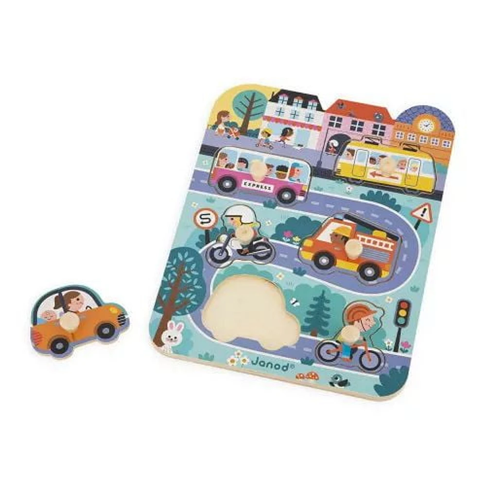 Janod - Puzzle en ville - 6 pièces à encastrer - Bois - Éveil - Compétences motrices fines - Pour tout-petits - À partir de 18 mois + - Multilingue