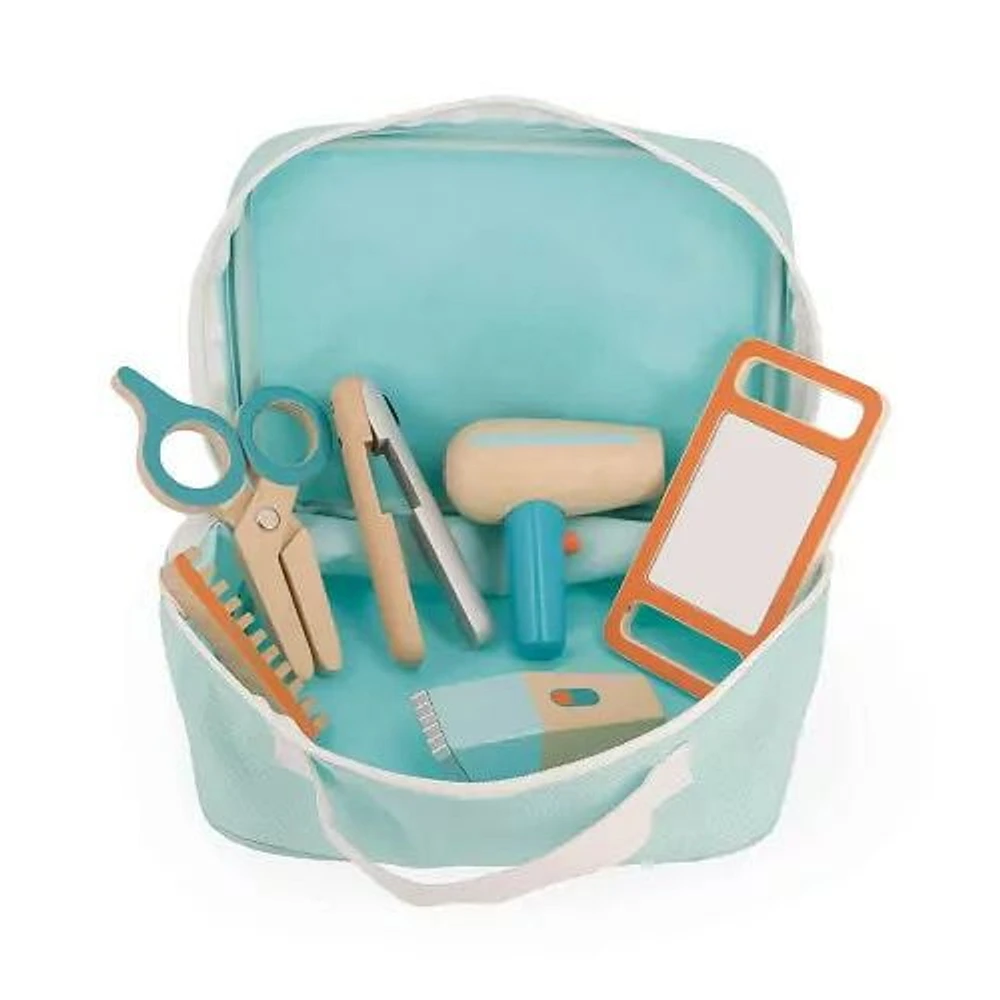 Janod - Trousse de Coiffeur - Jouet d'Imitation de Métier - 6 Accessoires en Bois Inclus - Stimule l'Imagination - Peintures à Base d'Eau - 3 Ans et +