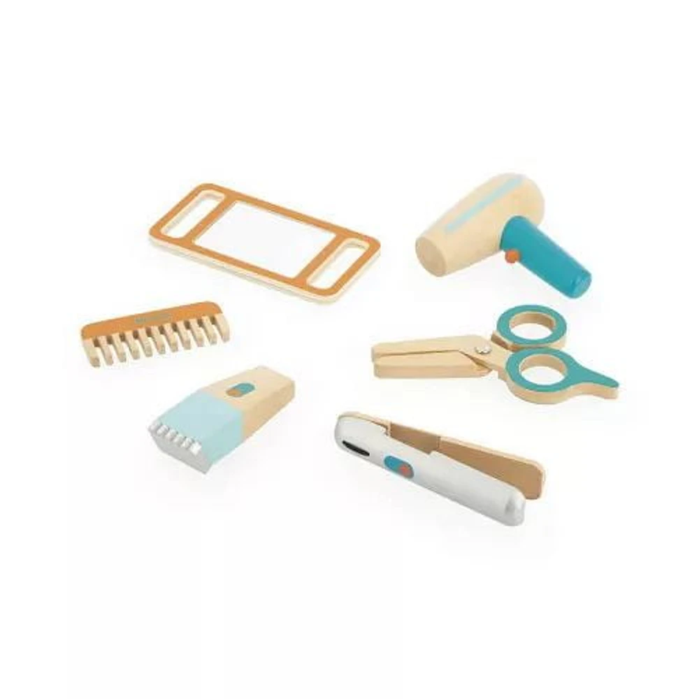 Janod - Trousse de Coiffeur - Jouet d'Imitation de Métier - 6 Accessoires en Bois Inclus - Stimule l'Imagination - Peintures à Base d'Eau - 3 Ans et +