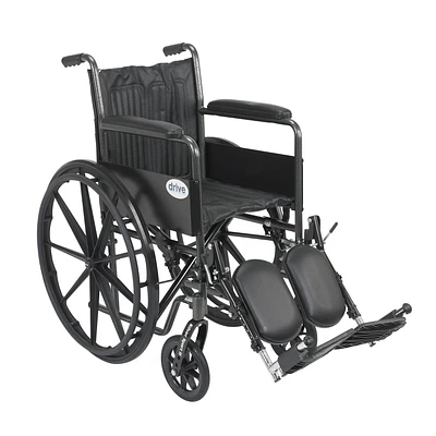 Drive Medical Black Silver Sport 2 Wheelchair, Non Removable Fixed Arms, Elevating Leg Rests, 18" Seat