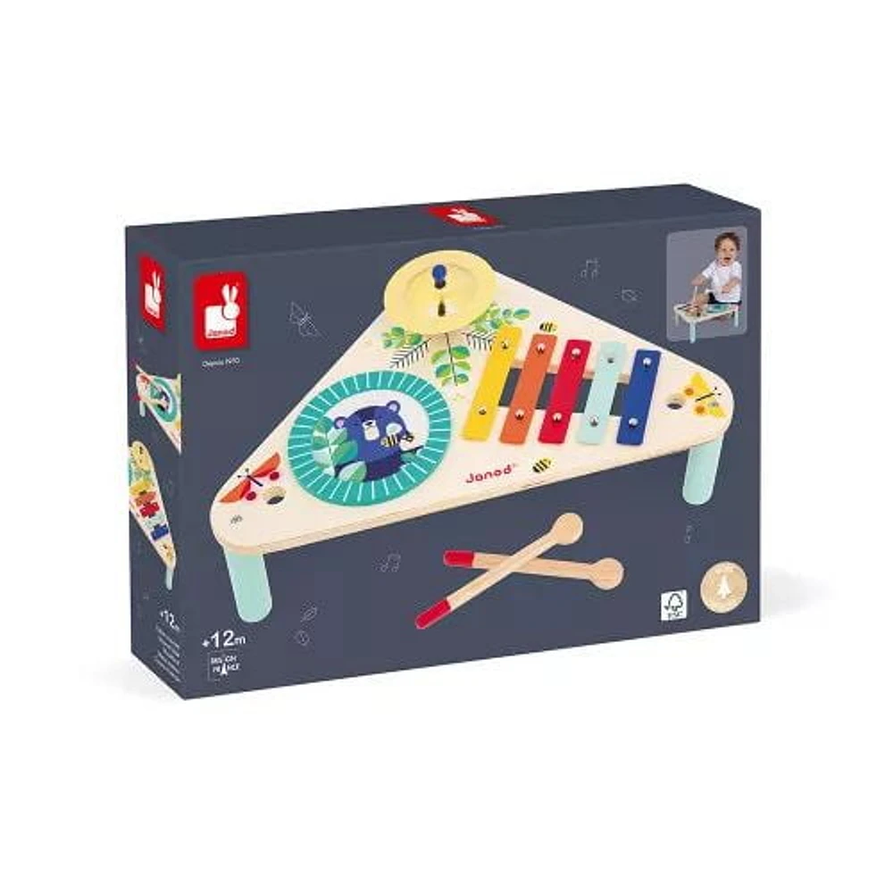 Janod - Table en bois pour enfants - Motif jouets imitation et stimulation musicale - Peinture à l'eau - à partir de 12 mois.