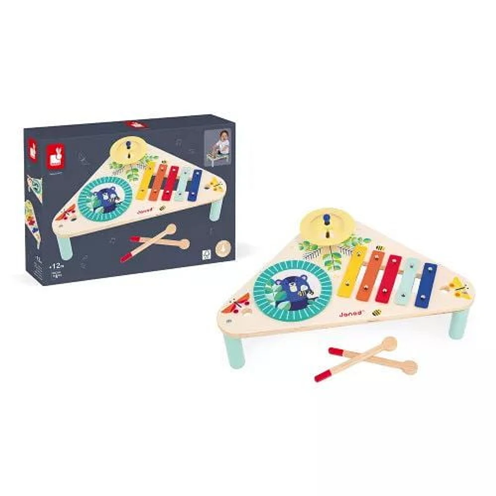 Janod - Table en bois pour enfants - Motif jouets imitation et stimulation musicale - Peinture à l'eau - à partir de 12 mois.