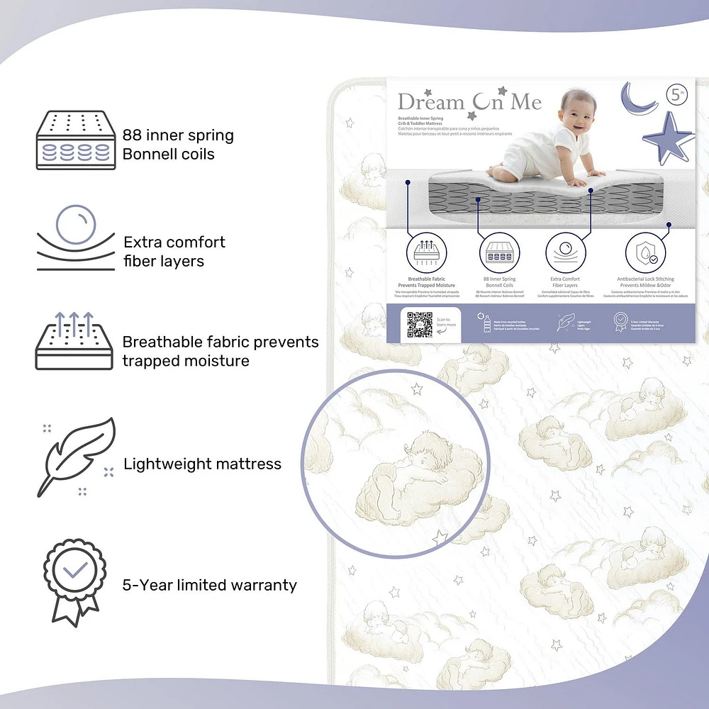 Rêve sur Moi 2-en-1 Respirant Crépuscule 5" Printemps Bobine Berceau et Enfant en bas Âge Lit Matelas avec Réversible Conception ,Modèle # BR-80