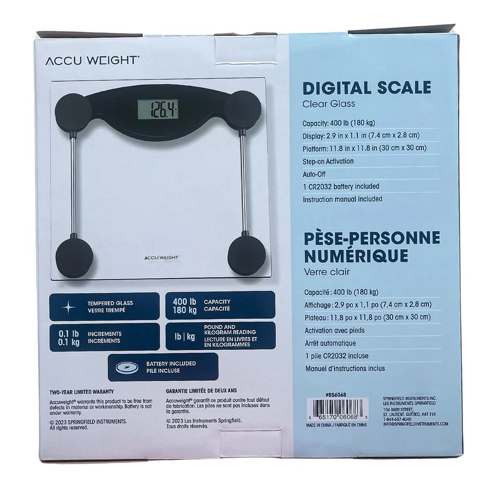 Accuweight Digital Scale, 400 lb (180 kg) Capacity, Clear Tempered Glass, Model BS6068, Digital