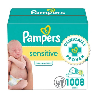 Lingettes pour bébés Pampers Sensitive, éprouvées en clinique, à base d’eau, hypoallergéniques et non parfumées, total de 1008 lingettes pour bébés (12X emballages rabattables)