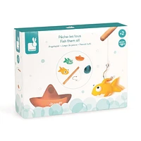 Janod - Fishing Game - Set of 2 Fish 2 Boats and  1 Rod - Bathtime toys - Discovery and Early-Development - For Boys and Girls - From 24 Months + - Multilingual - J04715