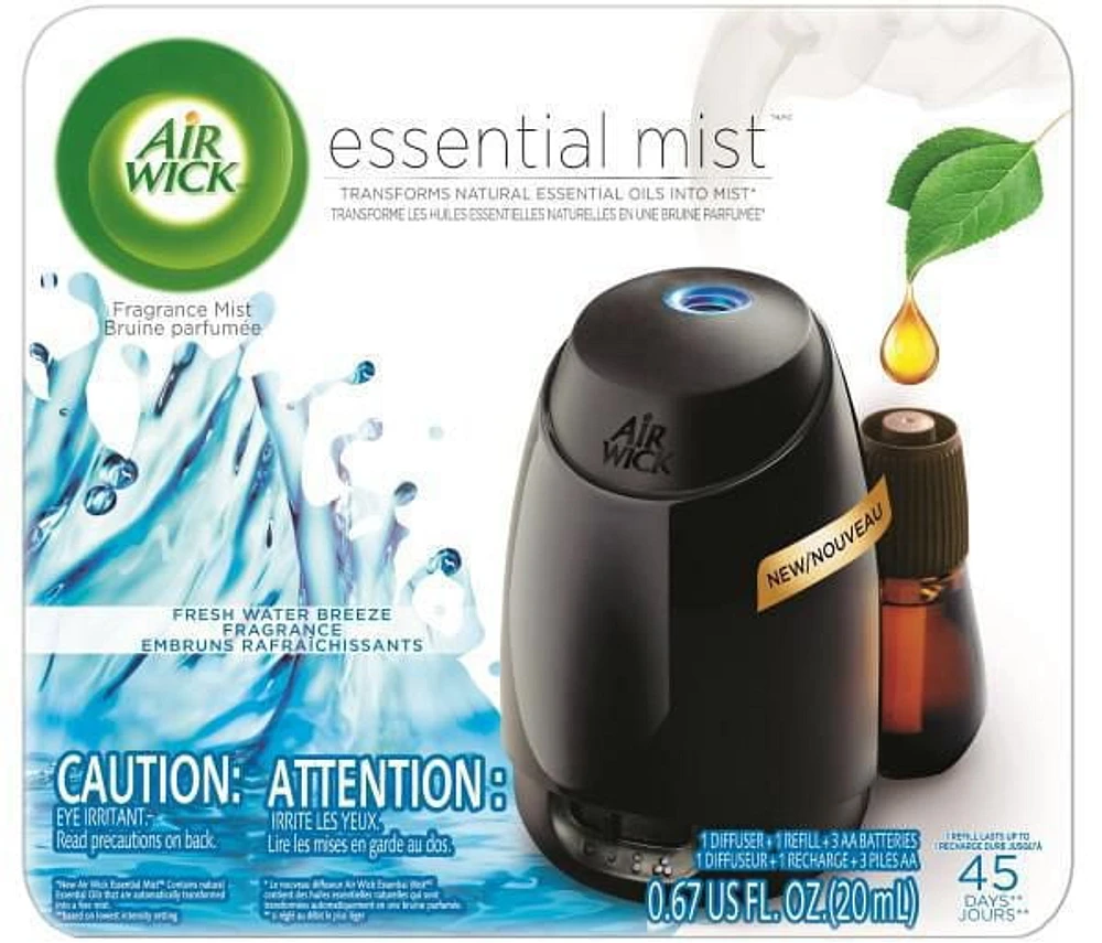 Air Wick Essential Mist Fragrance Oil Diffuser Kit, Fresh Water Breeze, 1 Diffuser + 1 Refill, 1 Count, 1 Sprayer, 1 Refill