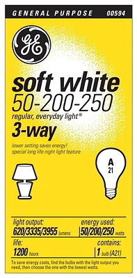 GE Soft White 3-Way 50/200/250W A21 1pk