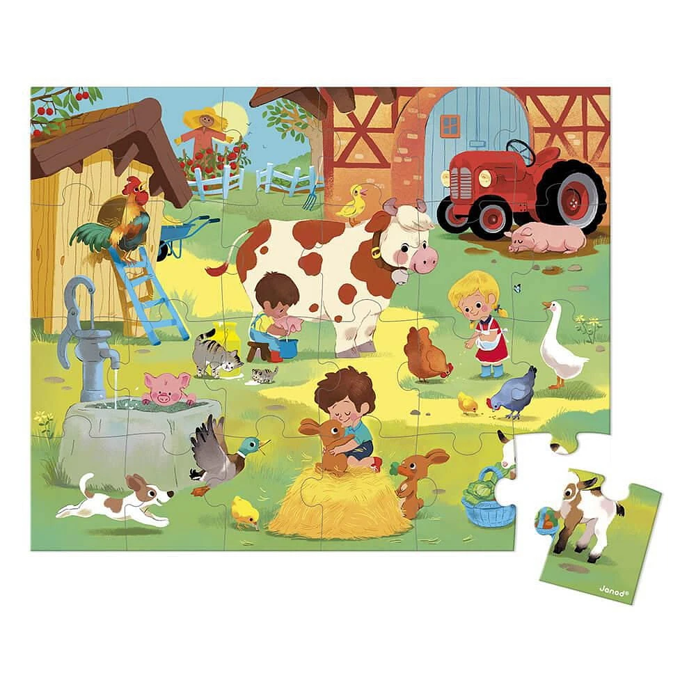 Janod • A Day at the Farm Puzzle for Kids 3-6 Years • 24 Pieces 50 x 40 cm • Cardboard Puzzle • Sturdy Puzzle Box and Poster • Educational Toys Gift for Boys and Girls • J02535