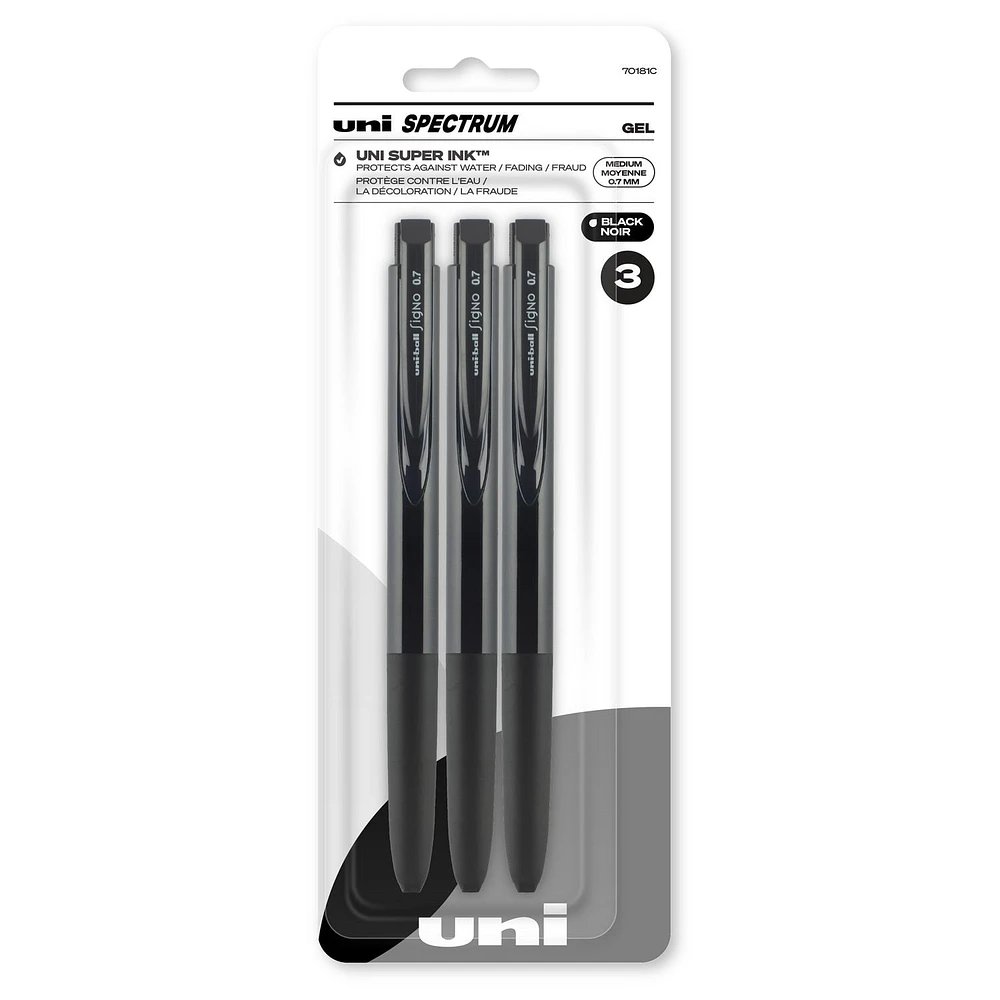 uni® Spectrum Retractable Gel Pens, Medium Point (0.7mm), Black Ink, 3 Pack, Spectrum Gel Pens 3pk Black