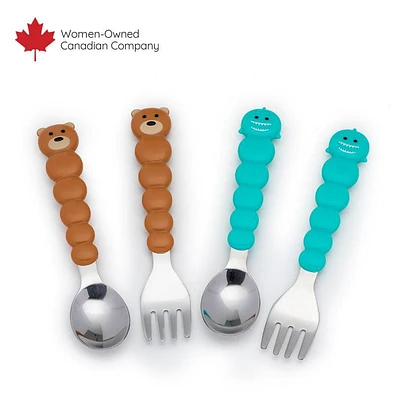melii Spoon, Fork & Knife Set, Stainless Steel – Bulldog, Cat, Shark, Bear – BPA Free, Dishwasher safe