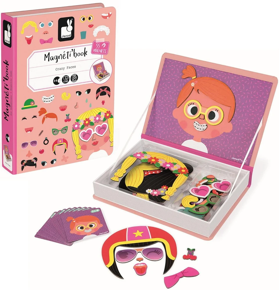 Janod • Girl’s Crazy Faces Magneti’book • 3 to 8 years • Educational Magnetic Games Toy for Kids Toddler Children • J02717