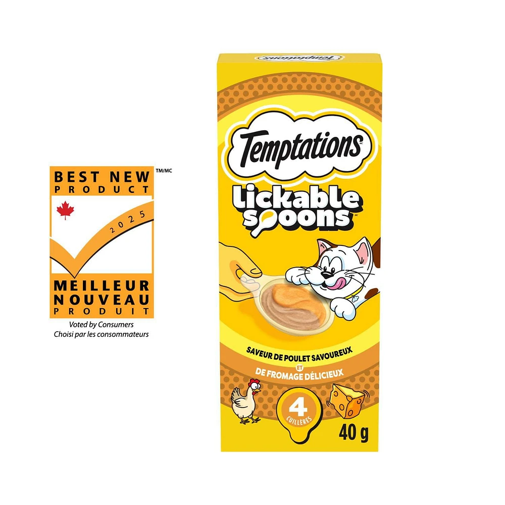 TEMPTATIONS LICKABLE SPOONS Adult Cat Treats Tasty Chicken & Cheesy Cheese Flavour, 4x10g