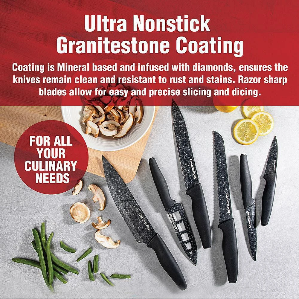 GraniteStone Nutriblade 6 Piece Knife Set, High Grade Razor Sharp Blades Kitchen Knife Set, Toughened Stainless Steel with Nonstick Mineral Coated Surface, Rubberized Ergonomic Grip, Dishwasher Safe