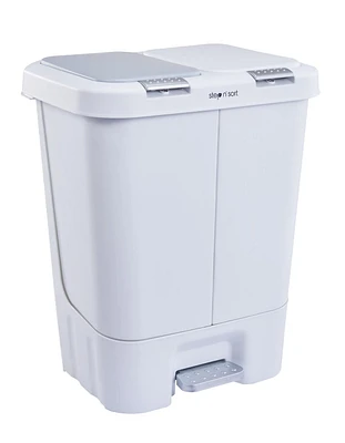 La poubelle double et la poubelle de recyclage Step N 'Sort 40L avec ouverture à ressort et couvercle à fermeture lente mains libres. Blanc