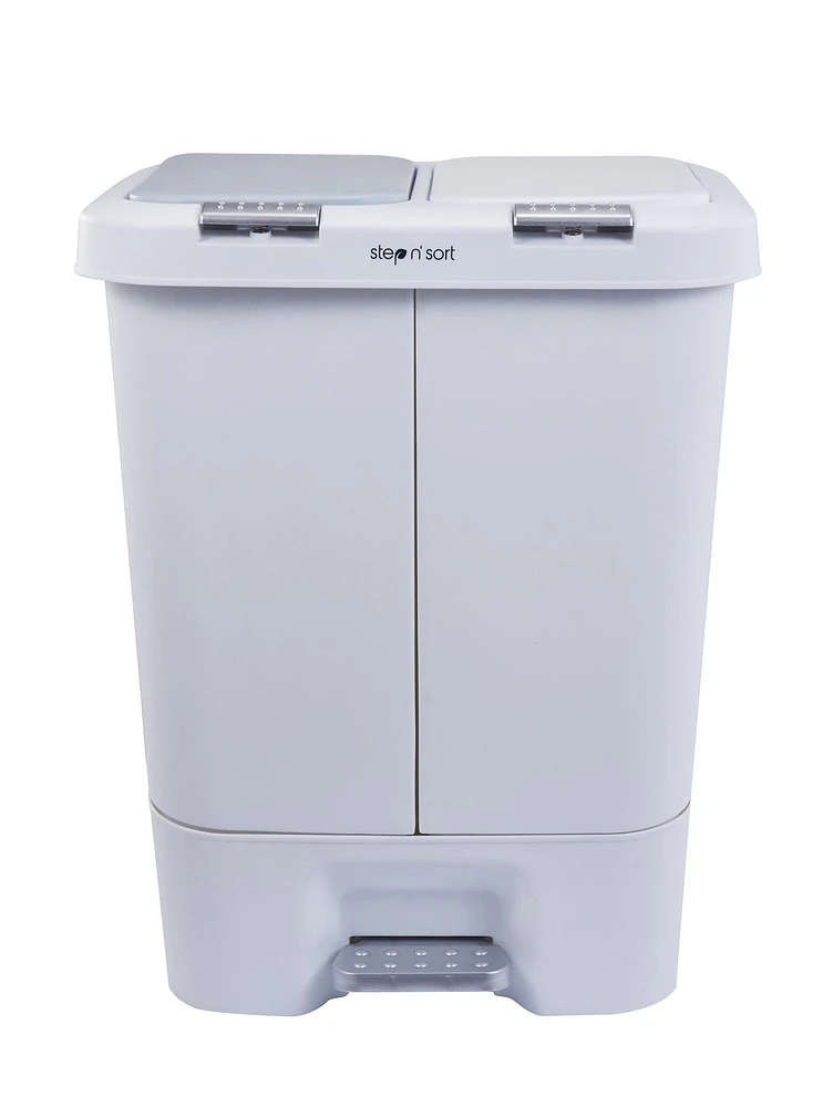 The Step N' Sort 40L Dual Trash and Recycling Bin with Spring Top opening and Hands-free slow close lid. White