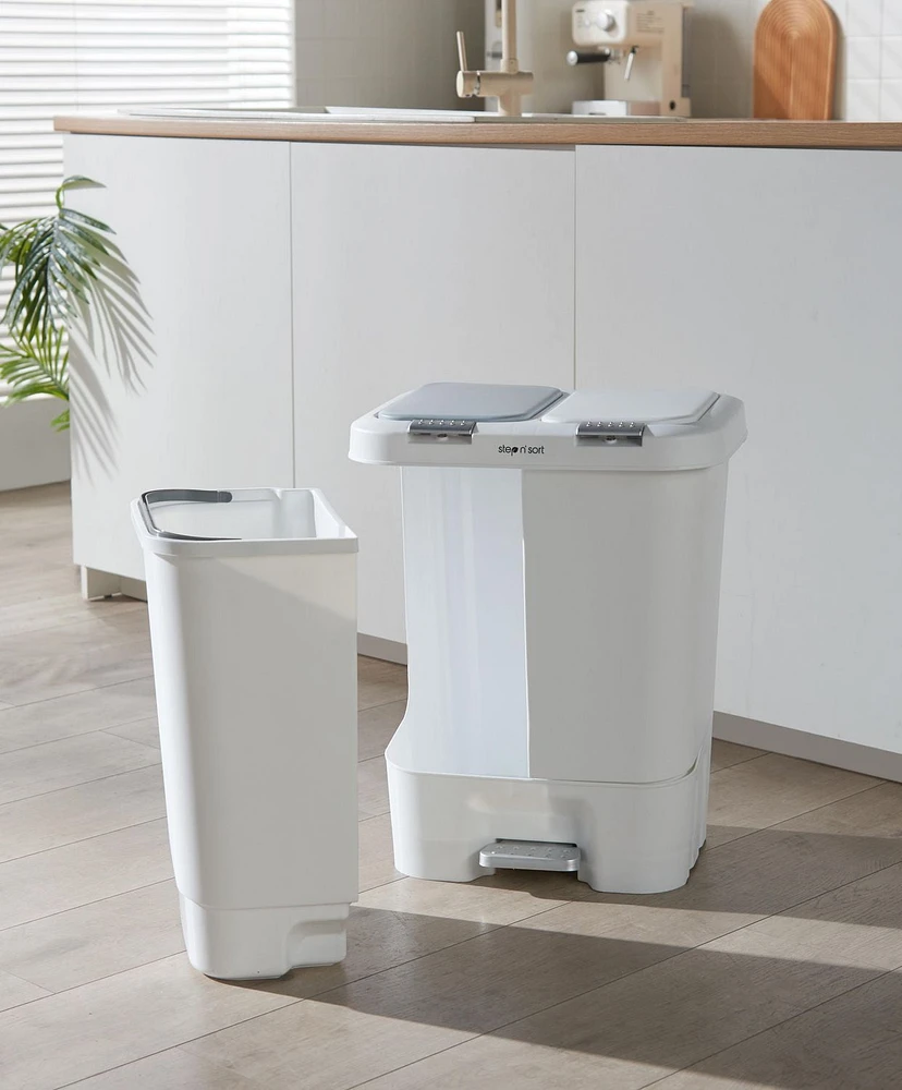 The Step N' Sort 40L Dual Trash and Recycling Bin with Spring Top opening and Hands-free slow close lid. White