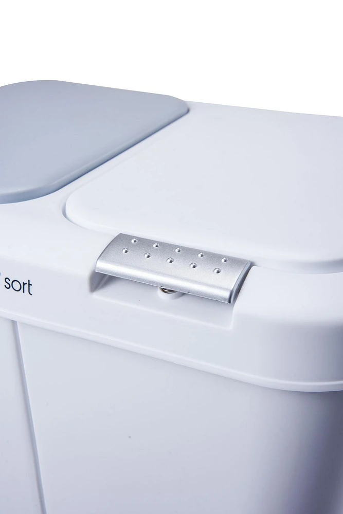 The Step N' Sort 40L Dual Trash and Recycling Bin with Spring Top opening and Hands-free slow close lid. White