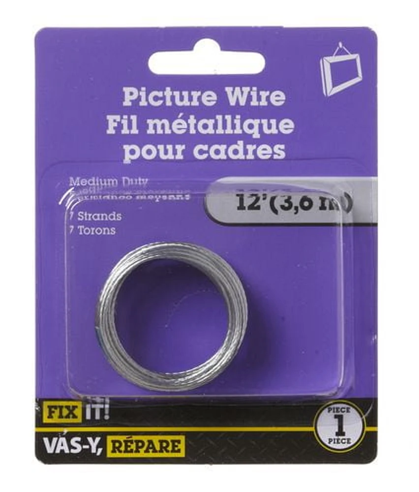 Fil pour cadres no.12, 7 brins 12 pieds Ces crochets pour cadres traditionnels représentent le choix le plus économique pour toutes les pièces murales. Adéquats pour les éléments de décoration légers et les travaux simples.