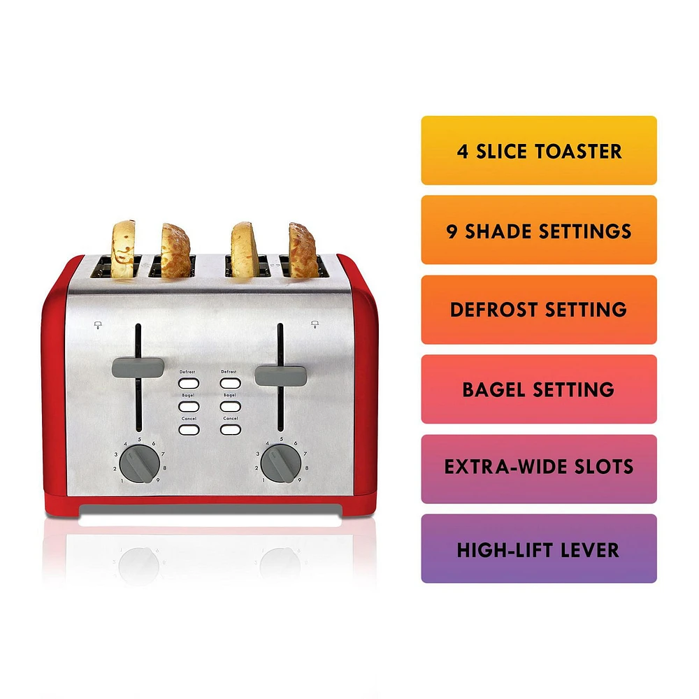 Kenmore 4-Slice Toaster Stainless Steel,  Extra Wide Slot,  Dual Controls, Red