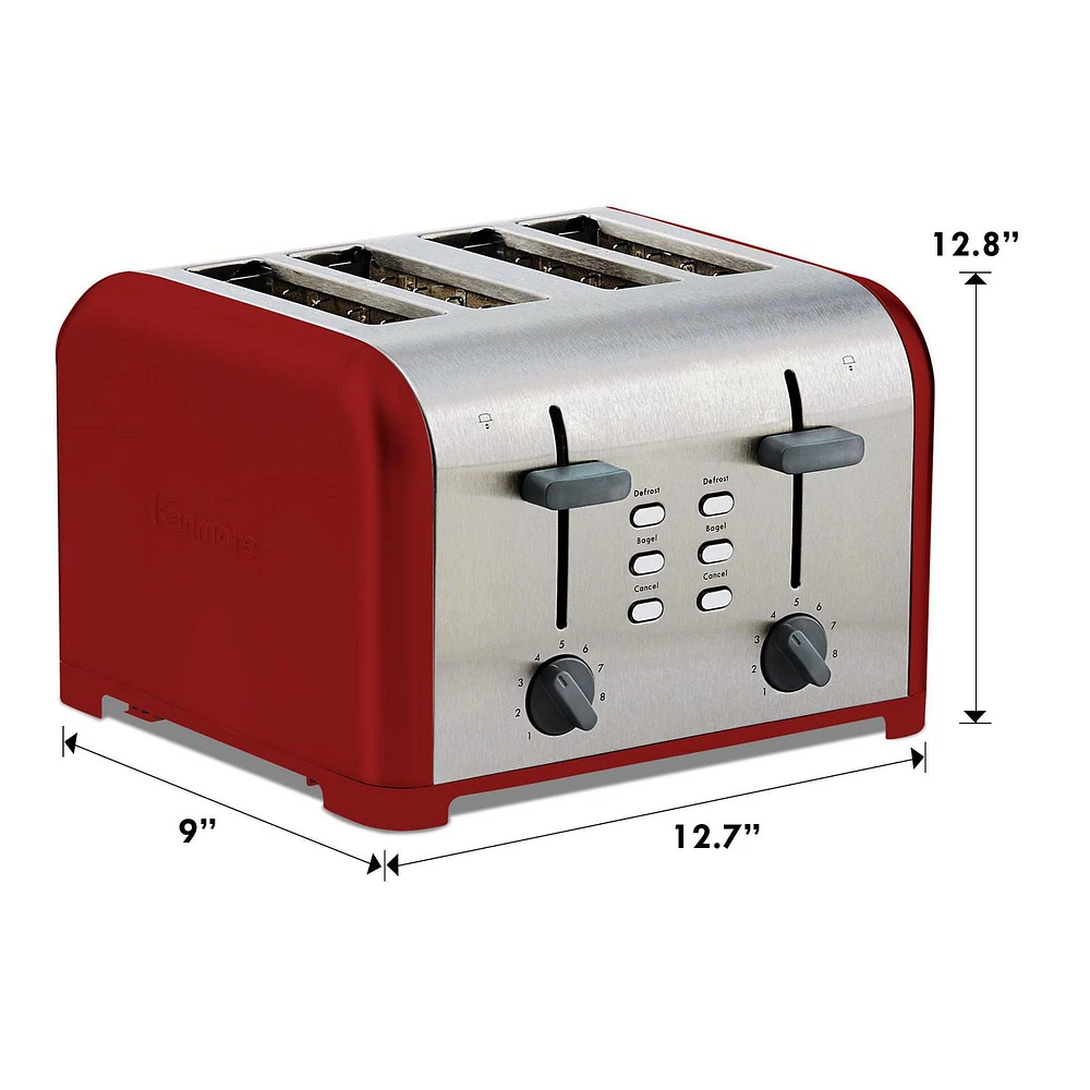 Kenmore 4-Slice Toaster Stainless Steel,  Extra Wide Slot,  Dual Controls, Red