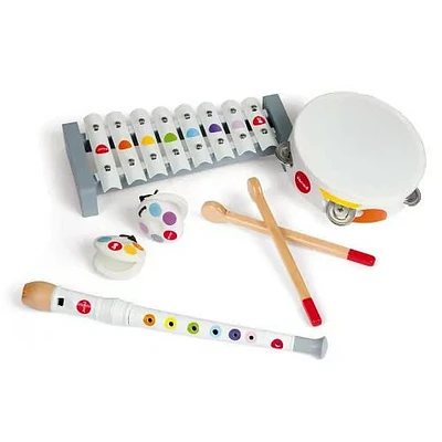 Janod- Musical Set Confetti (Wood) - Set of 4 instruments - Discovery of music and sounds - 2 to 5 years old.