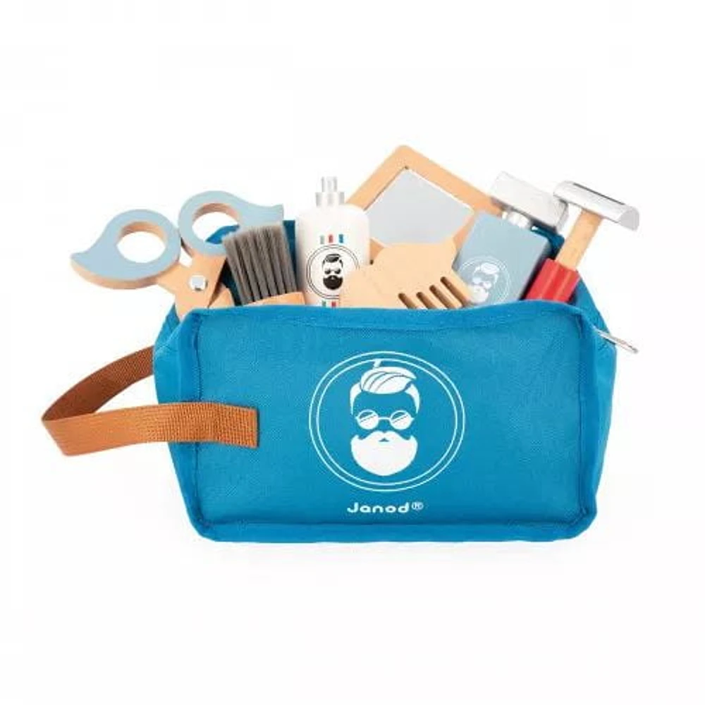 Janod - Kit de rasage pour enfants - 7 accessoires en bois + sac - Jouet d'imitation - 3 ans