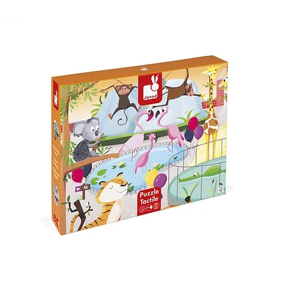 Janod • Jigsaw Puzzle Tactile Puzzle A Day at the Zoo • 20 Pieces • 65 x 50 cm Cardboard Puzzle with Poster • Educational Toys Gift for Kids Boys and Girls 2-4 Years • J02774