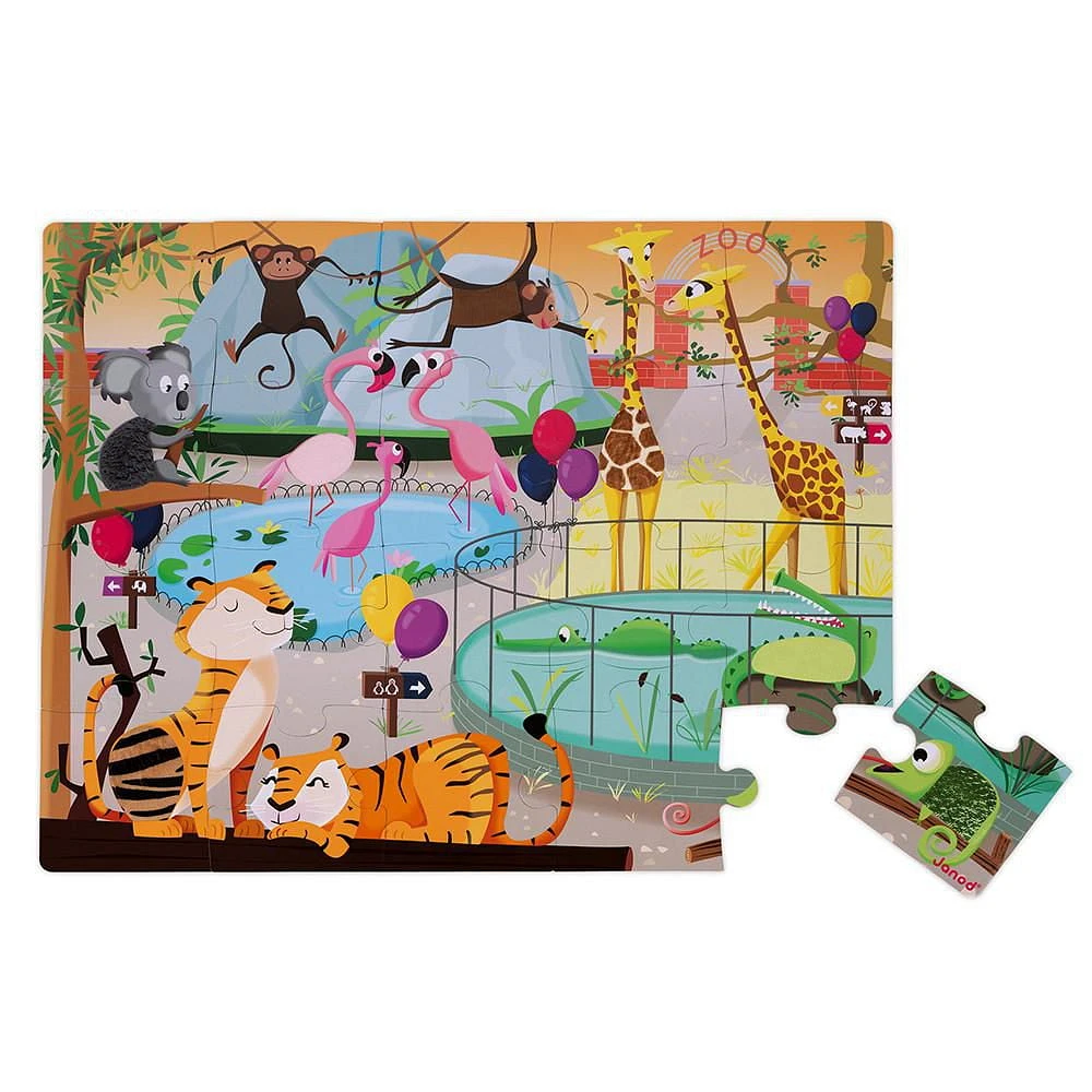 Janod • Jigsaw Puzzle Tactile Puzzle A Day at the Zoo • 20 Pieces • 65 x 50 cm Cardboard Puzzle with Poster • Educational Toys Gift for Kids Boys and Girls 2-4 Years • J02774