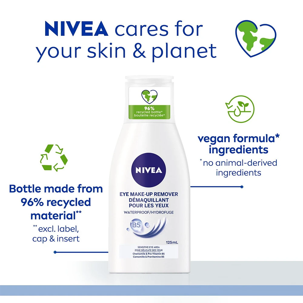 NIVEA Waterproof Eye Make-Up Remover | Hydrates and Protects | Enriched with Camomile | Dermatologist Tested, 125 mL