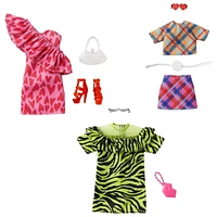 Barbie Fashion Pack with One-shoulder Heart Print Dress with Large Ruffle, Red Strappy High Heels & Purse Accessory, Doll Clothes for Kids 3 to 8 Years Old