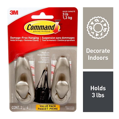 Command™ Medium Forever Classic Brushed Nickel Metal Hooks, FC12-BN-2EF, 2 hooks, 4 strips,  value pack, FC12-BN-2EF, 2 M Hook, 4 Strp