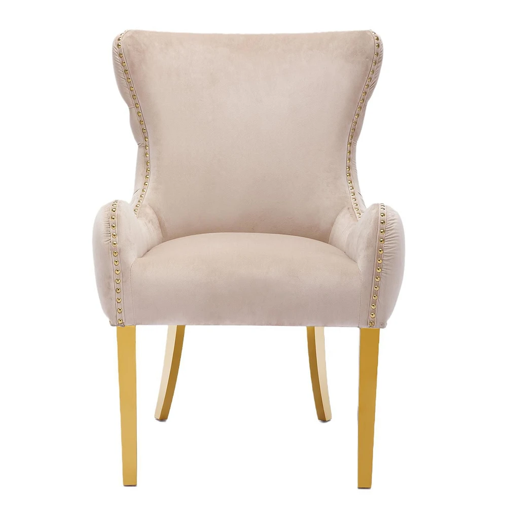 Canadian Royal Beige Velvet Luxury Dining Chair Golden Legs (Set of 2)