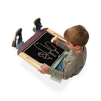 Janod - Wooden Blackboard Table - Big Double Sided Board, Black Slate and Magnetic White Slate - Anti-Slip Base - 2 Large Chalks + 1 Dry Erase Marker + 1 Brush - from 3 Years Old