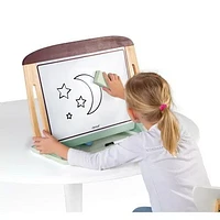 Janod - Wooden Blackboard Table - Big Double Sided Board, Black Slate and Magnetic White Slate - Anti-Slip Base - 2 Large Chalks + 1 Dry Erase Marker + 1 Brush - from 3 Years Old