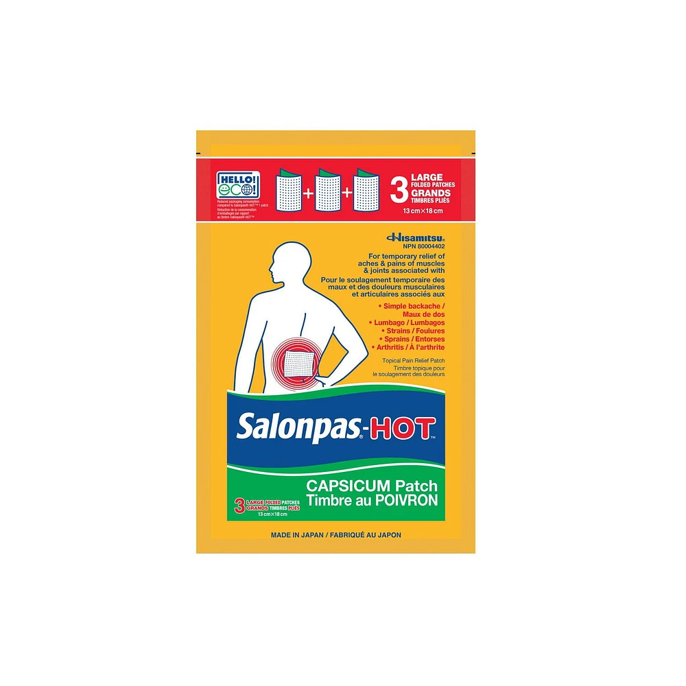 Salonpas-Hot Timbre Topique pour le Soulagement des Douleurs Timbre au Poivron 3 Grands Timbres Pliés