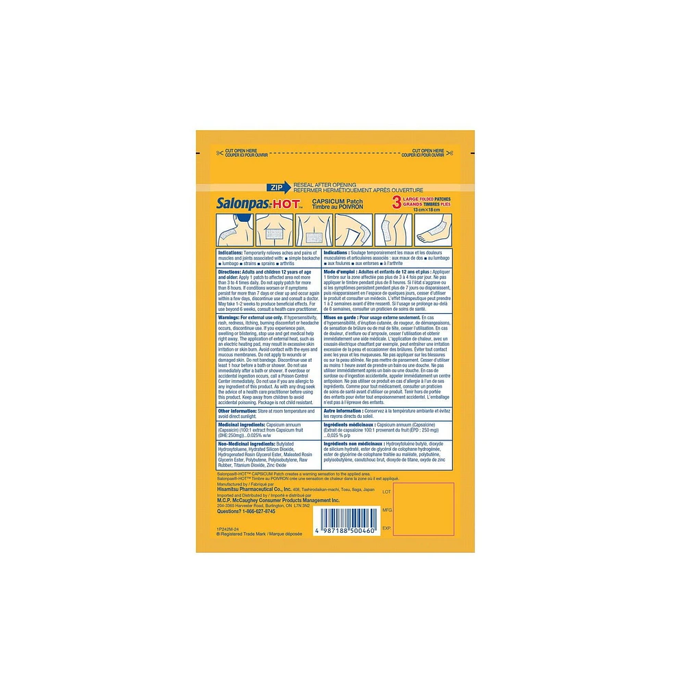 Salonpas-Hot Timbre Topique pour le Soulagement des Douleurs Timbre au Poivron 3 Grands Timbres Pliés