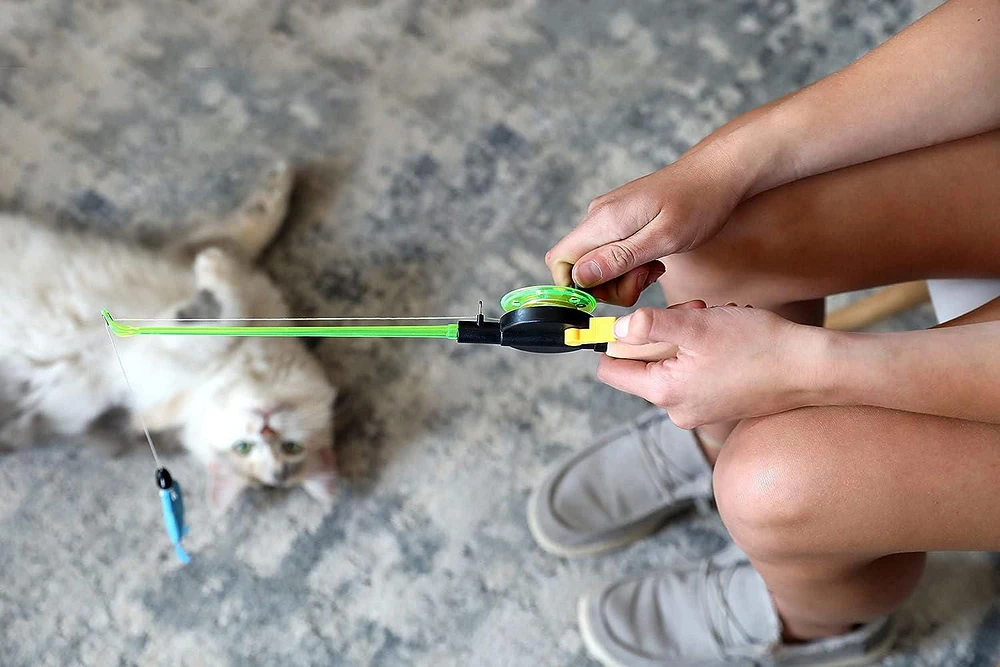 Quirky Kitty Reel Fun Fishing Rod Light Up Interactive Teaser Wand Cat Toy, Light Up Teaser Wand