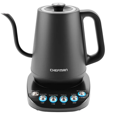 Chefman Electric 0.8L Gooseneck Kettle w/ 5 Preset Temperatures, Keep Warm Function - Black, New, 0.8L Gooseneck Kettle