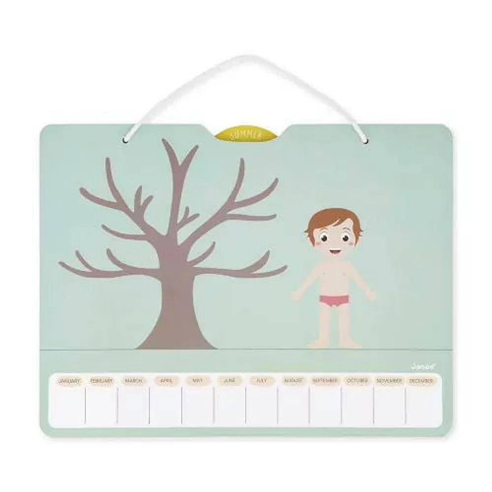 Janod - Wooden Children's Educational Calendar - 42 x 32 cm - Magnetic - 125 Magnets - Learning Time and Seasons - English Version - From 3 Years