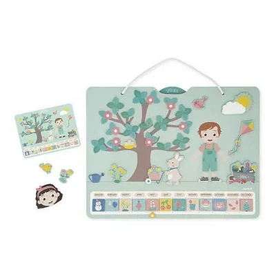 Janod - Wooden Children's Educational Calendar - 42 x 32 cm - Magnetic - 125 Magnets - Learning Time and Seasons - English Version - From 3 Years