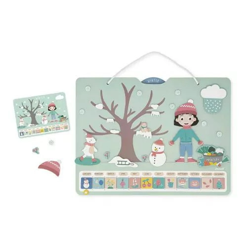 Janod - Wooden Children's Educational Calendar - 42 x 32 cm - Magnetic - 125 Magnets - Learning Time and Seasons - English Version - From 3 Years