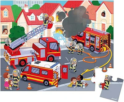 Janod - 24-Piece Firefighting Puzzle with Poster - Develops Memory & Dexterity - Colorful & Engaging - Suitable for Children Ages 3+